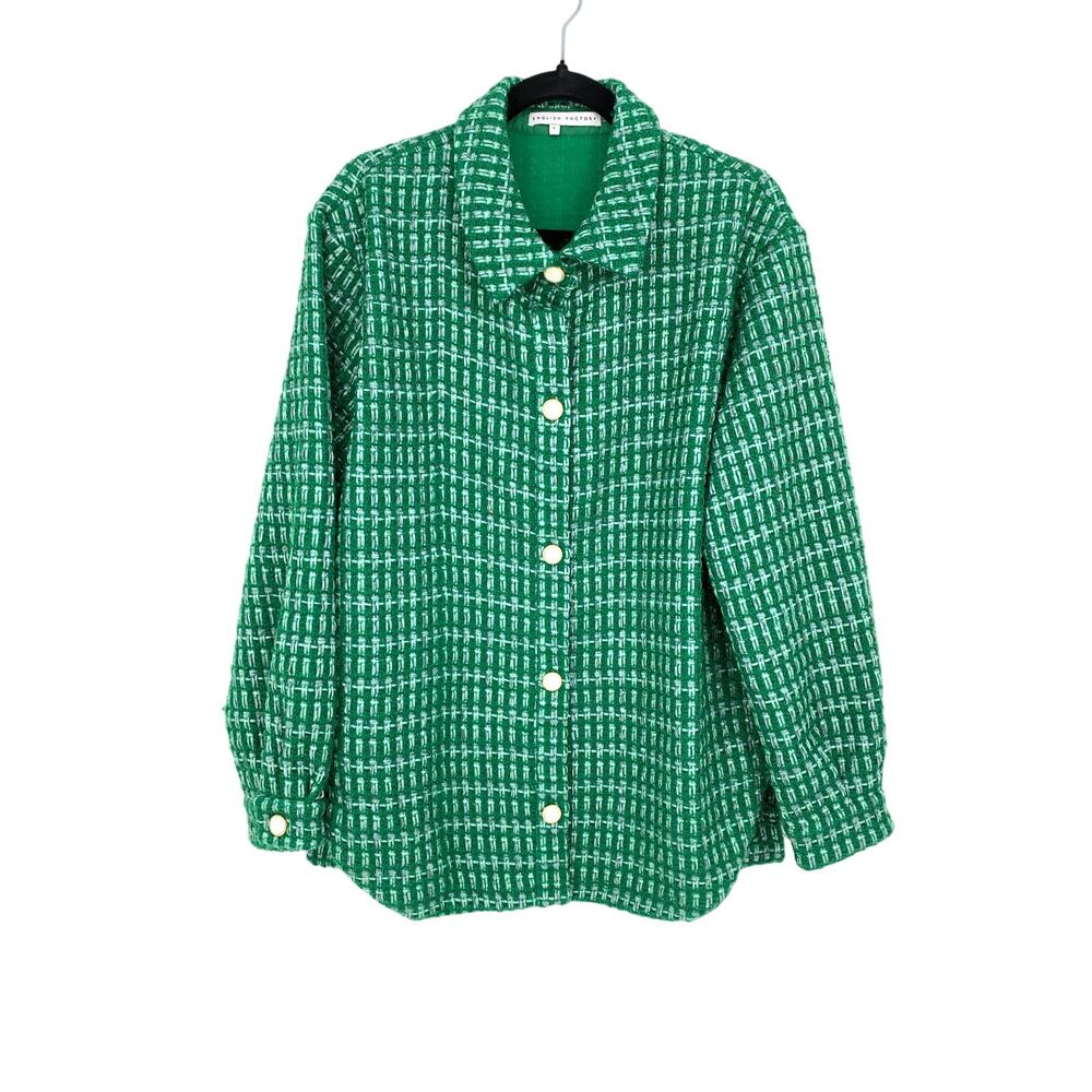 English Factory Tweed Shacket Women's Size Large Green Blue Button Front